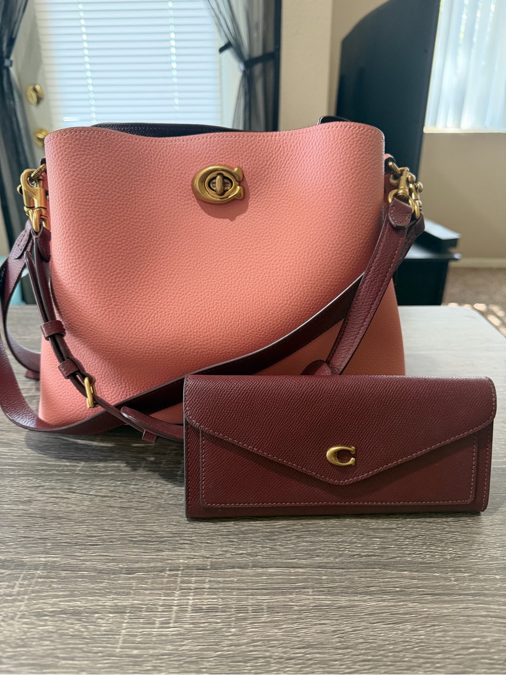 Coach Pink Pebbled Leather Willow Shoulder Bag with Coach Wynn Wallet set